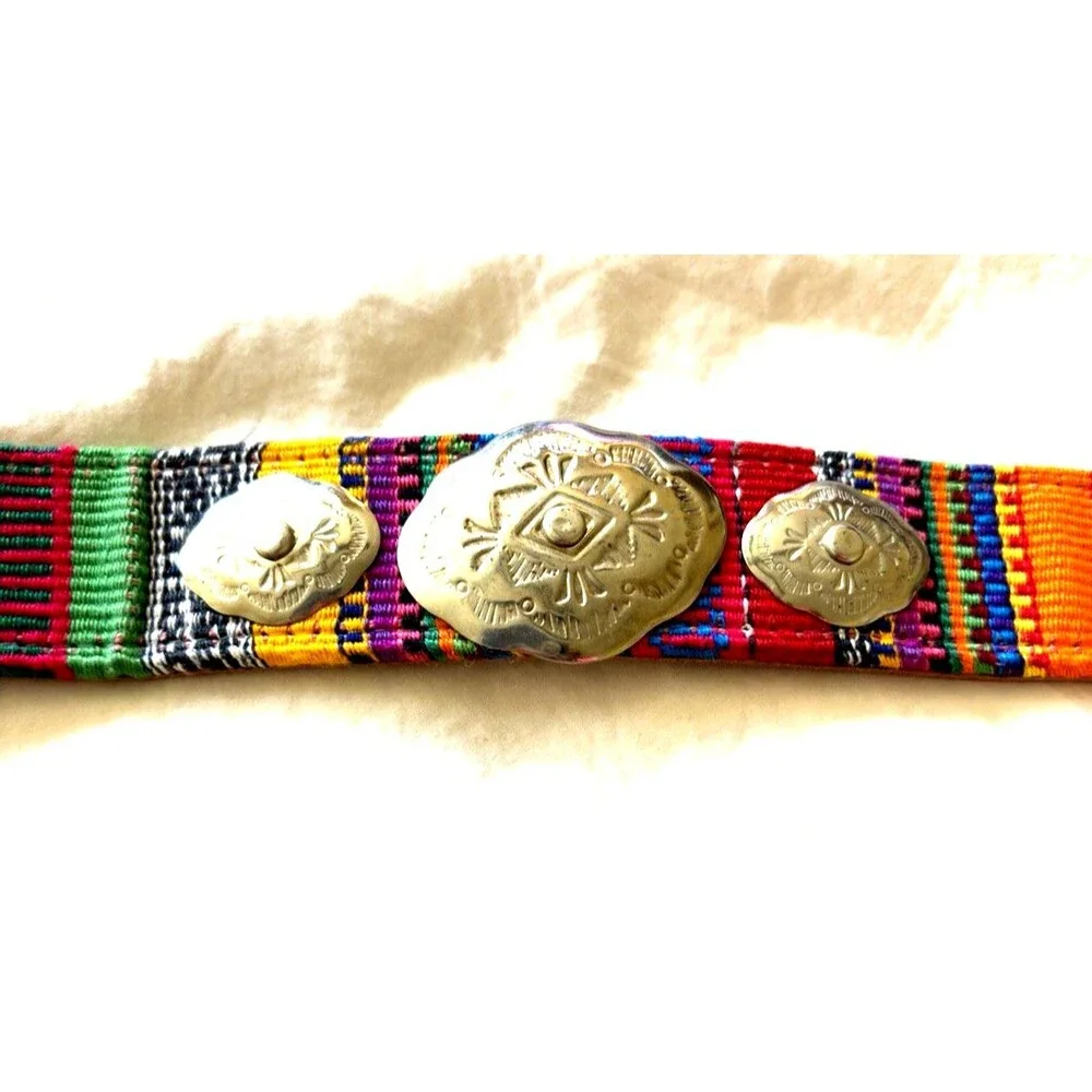 VTG Guatemala Woven Leather Concho Belt Colorful Boho Western Size Large Sz 36